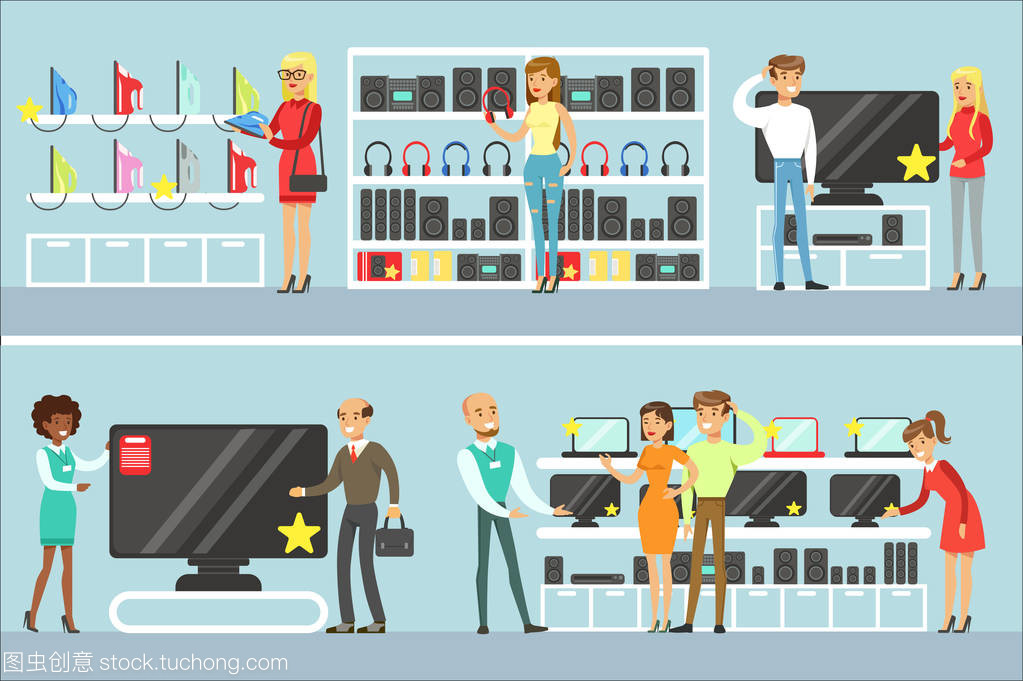 微笑购物 在电子商店中挑选国产设备与店员卡通助手